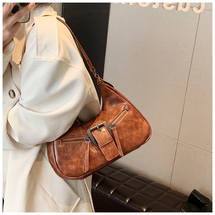 MOJOYCE-Vintage Buckled Strap Pu Leather Shoulder Bag