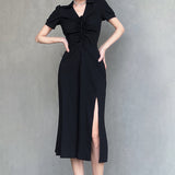 MOJOYCE-Graduation Gift Back to School Season Women Summer Sexy y2k Fairy Dress Casual Loose Dress Lace Up Slit Knitted Black Maxi Dress