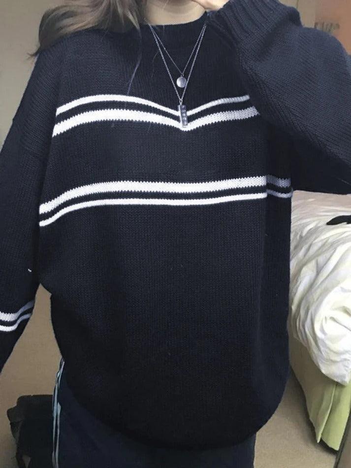 Mojoyce-Stripe Pullover Baggy Sweater