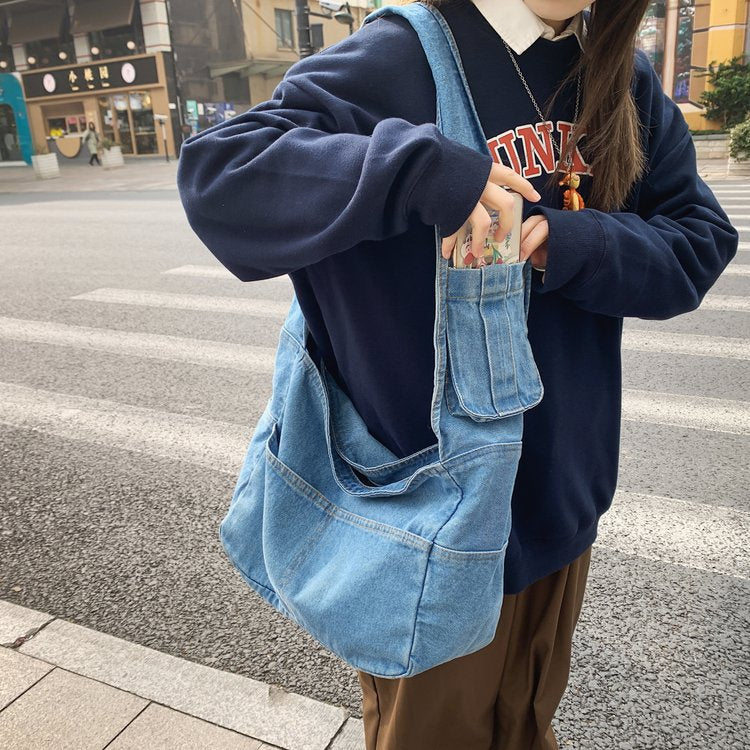 MOJOYCE-Large Washed Denim Crossbody Bag