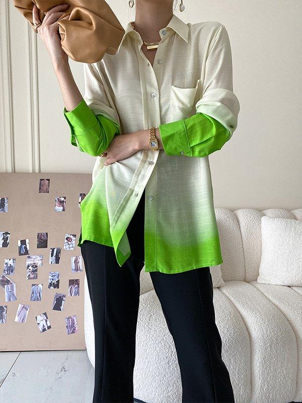 Mojoyce-Stylish Loose Long Sleeves Buttoned Contrast Color Gradient Blouses