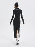 Mojoyce-Fashionable Black Knitted Long-sleeve Bottoming Slit Dress