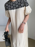 Mojoyce-Vintage Crew Neck Heavy Embroidered Puff Sleeve Pleated Dress