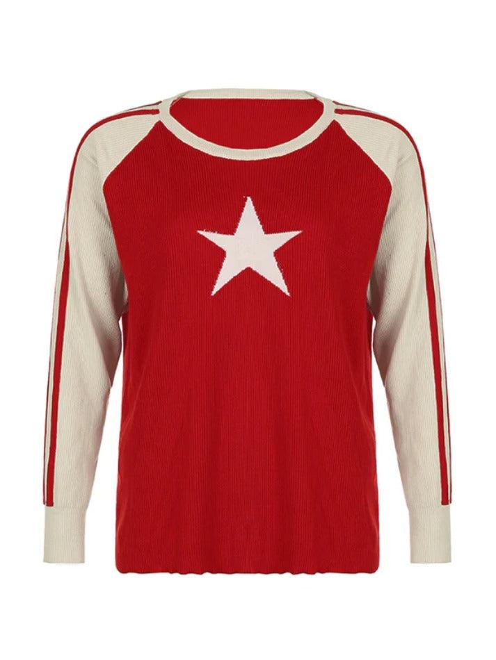 Mojoyce-Vintage Contrast Color Star Raglan Sweater