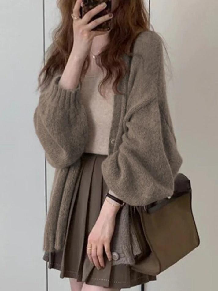 Mojoyce-Mohair Solid Lantern Sleeve Baggy Cardigan