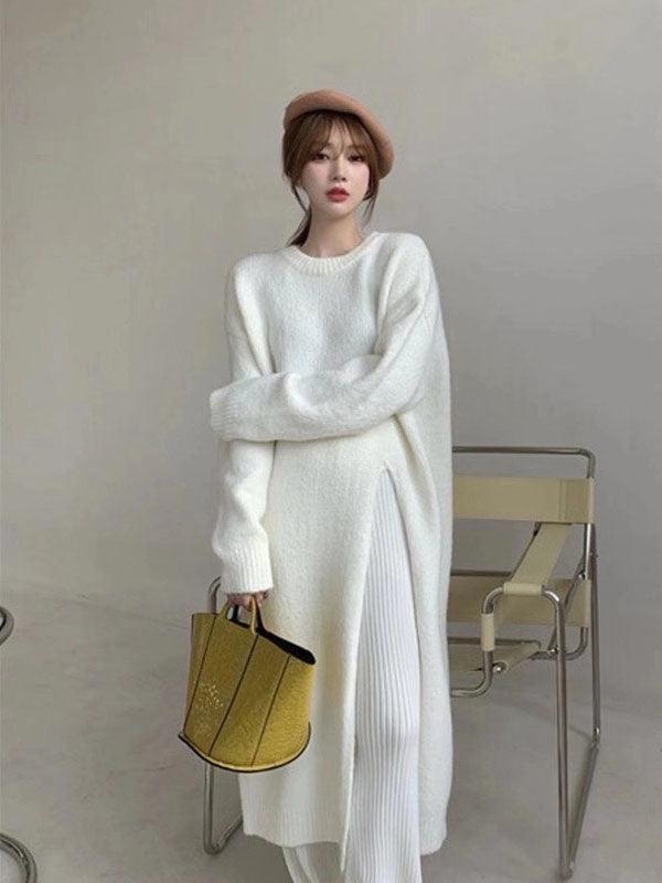 Mojoyce-Side Slit Loose Long Knitted Sweater Dress