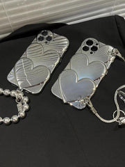 Mojoyce-Bright Silver Heart Mirror Hand Chain Phone Case