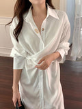 Mojoyce-Lapel Cross-Tie Balloon Sleeve Shirt Dress