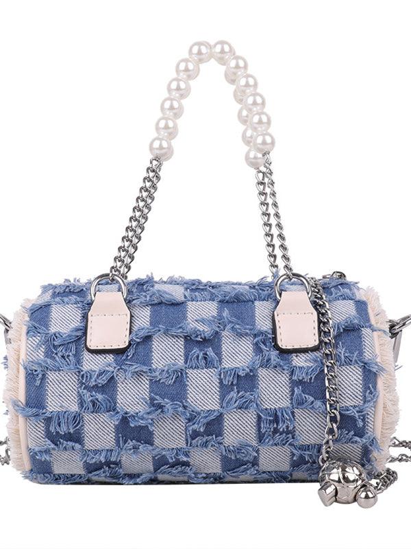 Mojoyce-Stylish Pearl Chain Panel Denim Bag