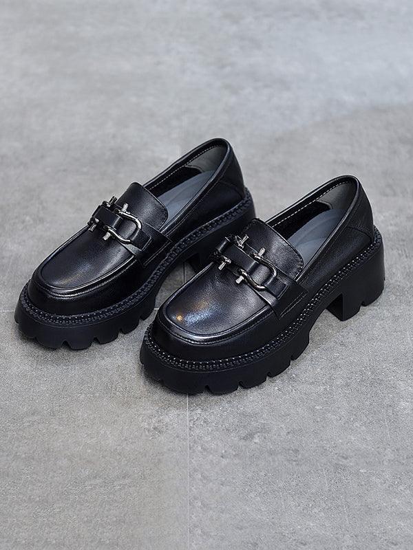 Mojoyce-Vintage Black&Brown Solid Color Loafers Platform Shoes