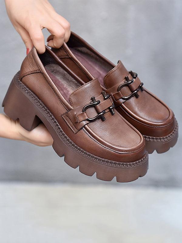 Mojoyce-Vintage Black&Brown Solid Color Loafers Platform Shoes