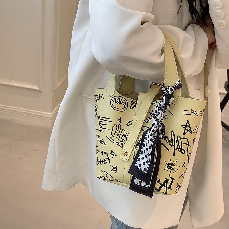 MOJOYCE-Cartoon Print Silk Scarf Bucket Bag