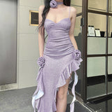 MOJOYCE-Women Summer Sexy y2k Fairy Dress Casual Loose Dress Shiny Ruffle Asymmetric Slit Hem Flower Maxi Dress
