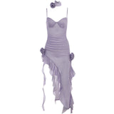 MOJOYCE-Women Summer Sexy y2k Fairy Dress Casual Loose Dress Shiny Ruffle Asymmetric Slit Hem Flower Maxi Dress