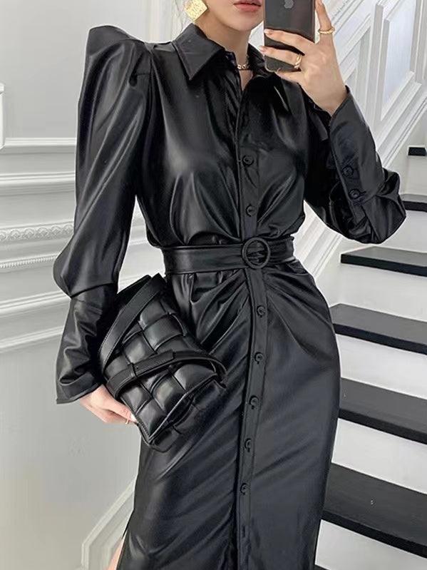 Mojoyce-Graceful Lapel Buckle Belt Puff Sleeve PU Leather Dress