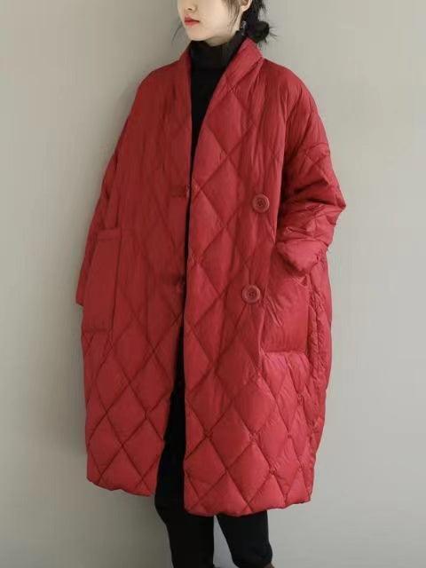 Mojoyce-Loose Collar Plaid Mid Length Cotton Padded Jacket