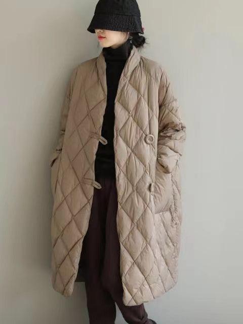 Mojoyce-Loose Collar Plaid Mid Length Cotton Padded Jacket