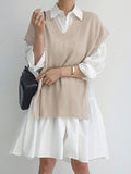 Mojoyce-Split Knit Vest + Lapel Long Sleeve Shirt Dress
