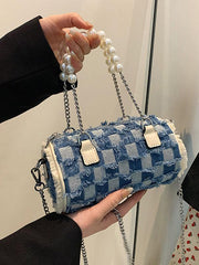 Mojoyce-Stylish Pearl Chain Panel Denim Bag