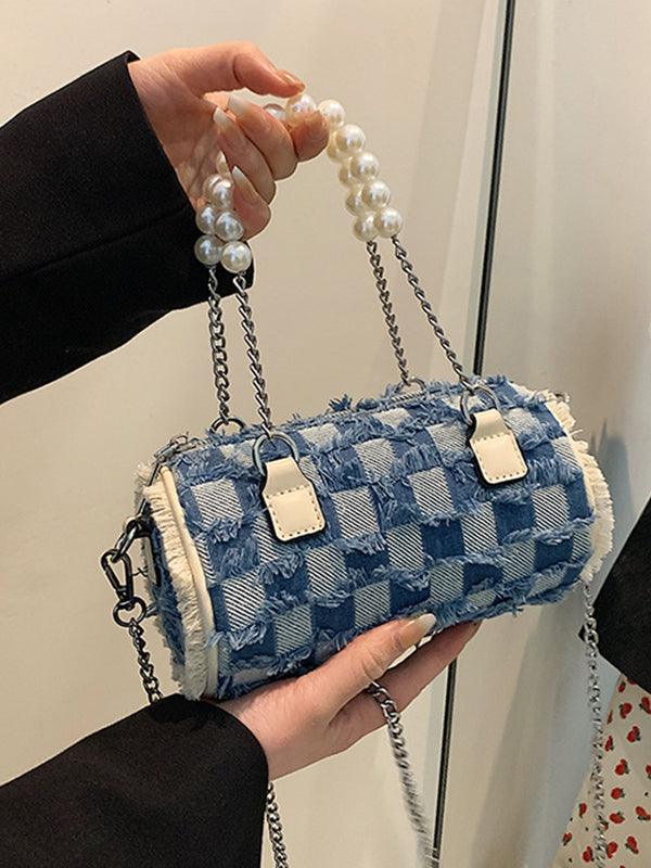 Mojoyce-Stylish Pearl Chain Panel Denim Bag