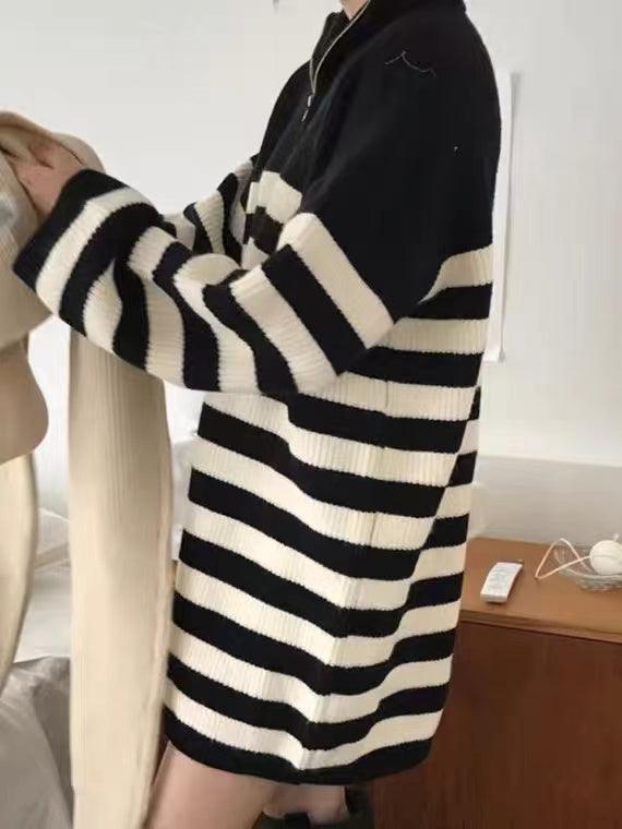 Mojoyce-Vintage Half-Zip Striped Loose Long-Sleeve Knit Dress