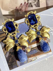 Mojoyce-Bow Knot Rhinestone Handmade Blue Glass Earrings