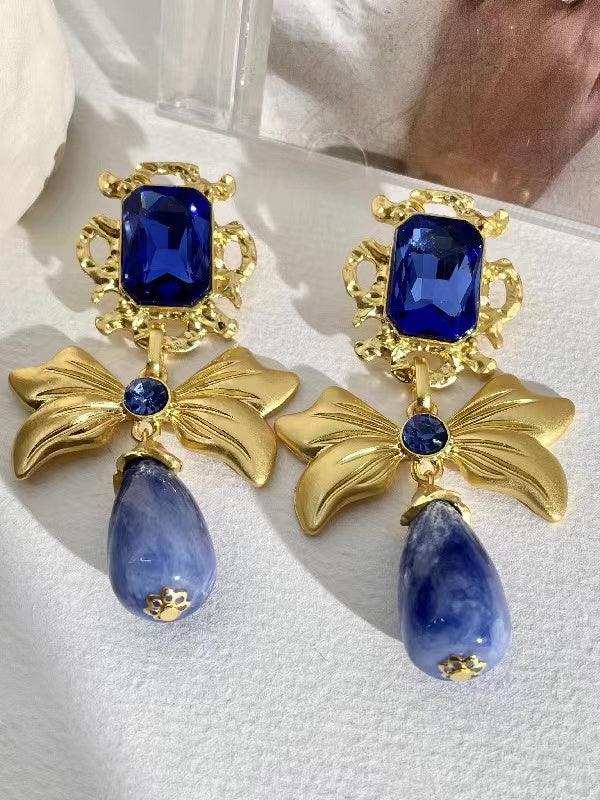 Mojoyce-Bow Knot Rhinestone Handmade Blue Glass Earrings