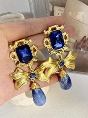 Mojoyce-Bow Knot Rhinestone Handmade Blue Glass Earrings