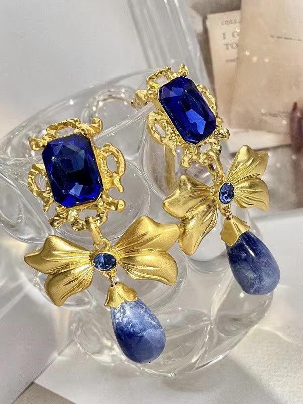 Mojoyce-Bow Knot Rhinestone Handmade Blue Glass Earrings