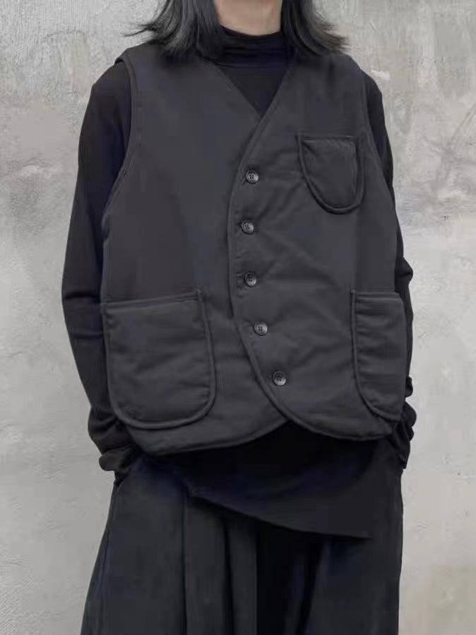 Mojoyce-Black Cool Niche Pocket Design Cotton Padded Vest