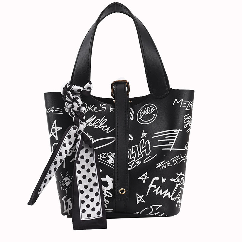 MOJOYCE-Cartoon Print Silk Scarf Bucket Bag