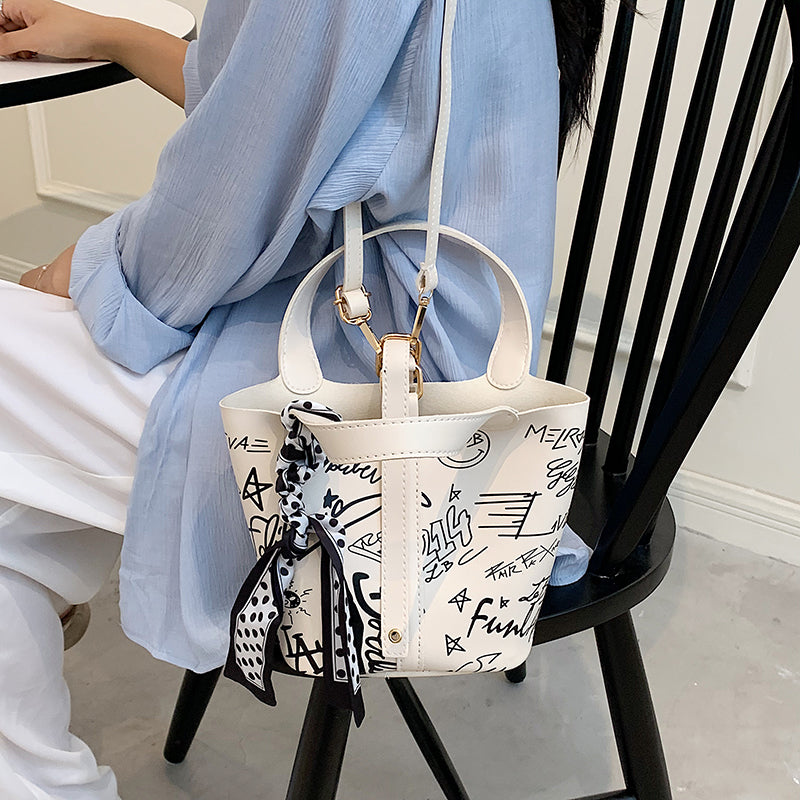 MOJOYCE-Cartoon Print Silk Scarf Bucket Bag