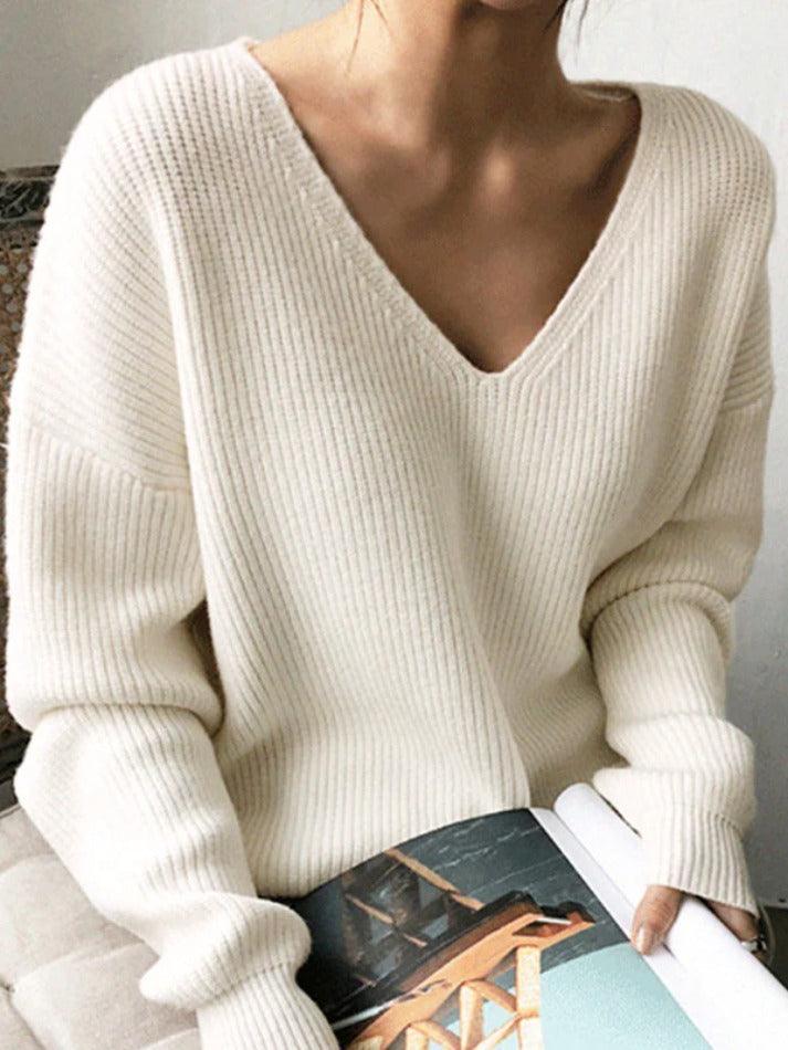 Mojoyce-Solid V Neck Irregular Hem Baggy Knit Sweater