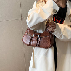 MOJOYCE-Vintage Buckled Strap Pu Leather Shoulder Bag