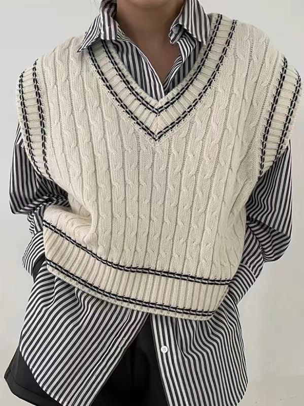 Mojoyce-Preppy V-neck Twist-knit Vest