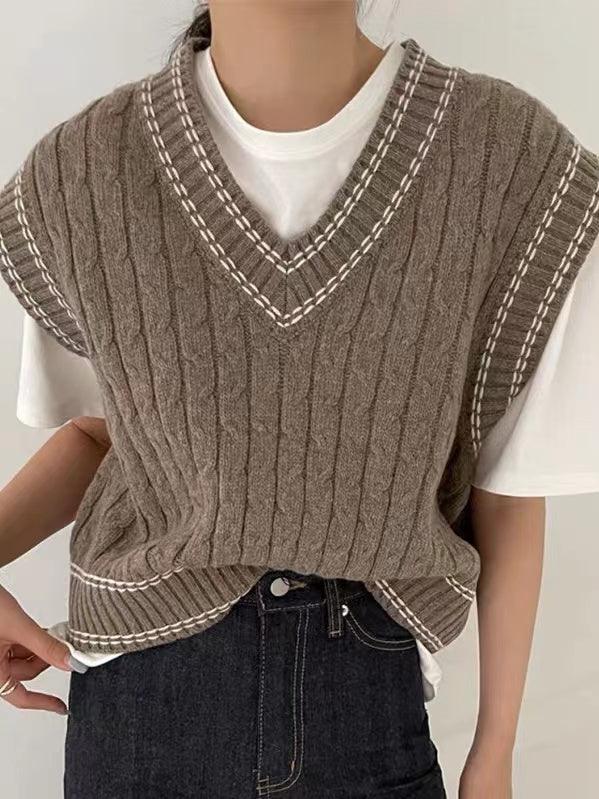 Mojoyce-Preppy V-neck Twist-knit Vest