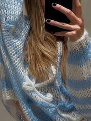 Mojoyce-Stripe Crochet Baggy Sweater