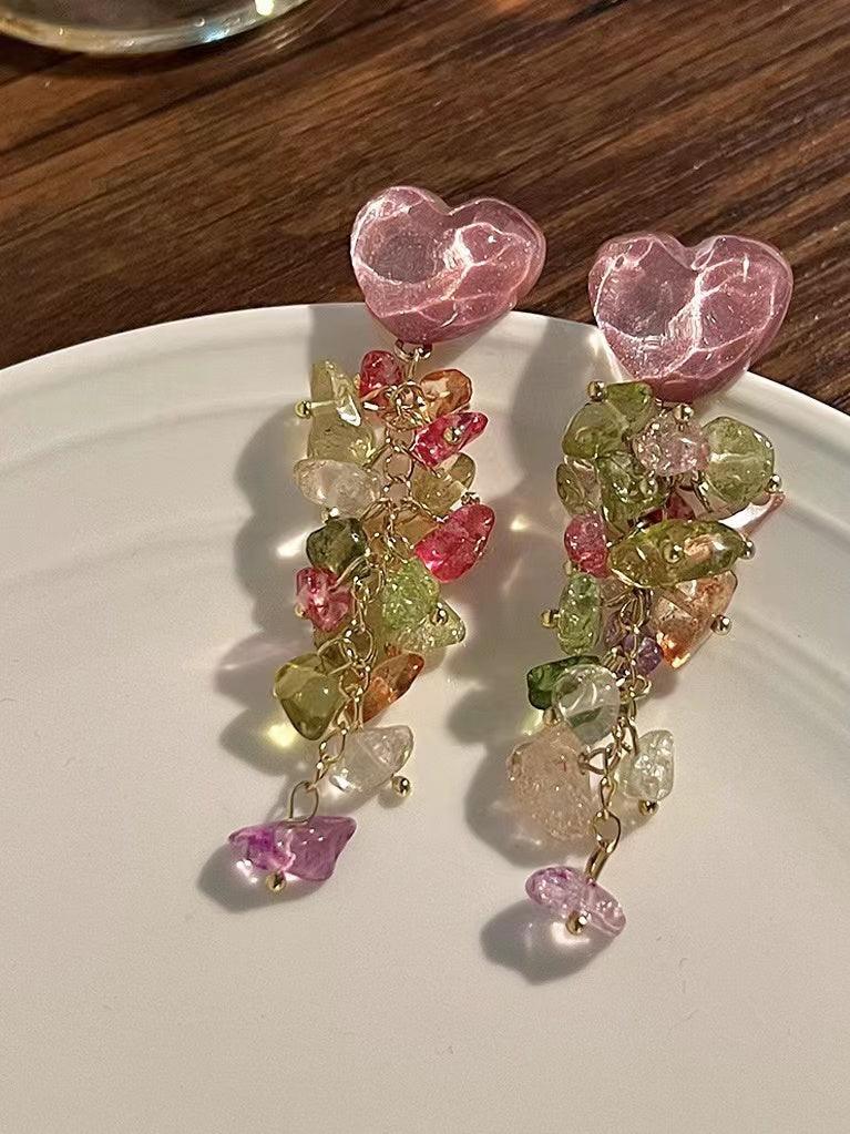 Mojoyce-Sweet Heart Crystal Silver Long Tassel Earrings