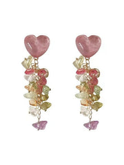 Mojoyce-Sweet Heart Crystal Silver Long Tassel Earrings