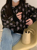 Mojoyce-Floral Round Neck Long Sleeve Loose Sweater Cardigan
