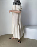 Mojoyce-Vintage Crew Neck Heavy Embroidered Puff Sleeve Pleated Dress