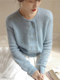 Mojoyce-Urban Long Sleeves Buttoned Solid Color Round-Neck Cardigan Tops