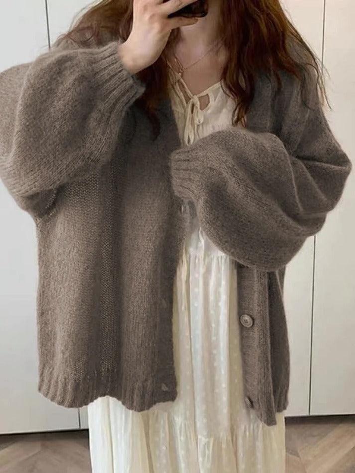 Mojoyce-Mohair Solid Lantern Sleeve Baggy Cardigan