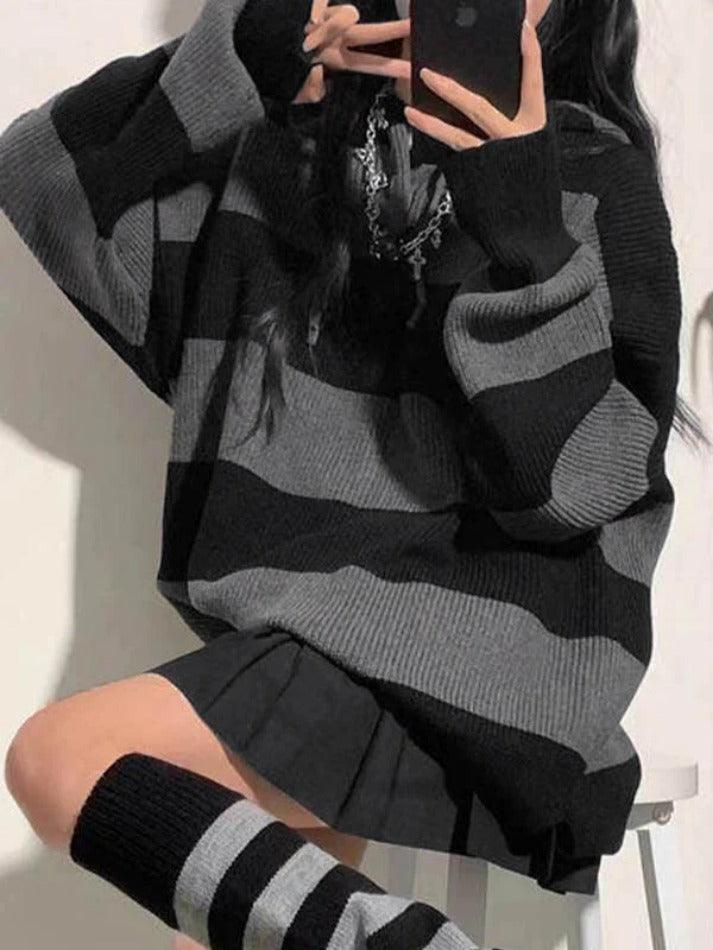 Mojoyce-Stripe Splice Hooded Baggy Knit Sweater