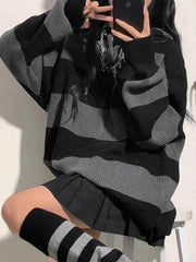 Mojoyce-Stripe Splice Hooded Baggy Knit Sweater