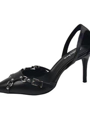 Mojoyce-Cross Strap Stiletto Shoes Black Rivet Pumps