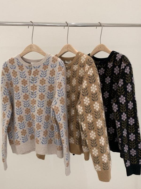 Mojoyce-Floral Round Neck Long Sleeve Loose Sweater Cardigan
