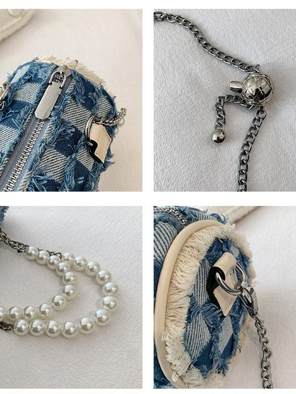 Mojoyce-Stylish Pearl Chain Panel Denim Bag