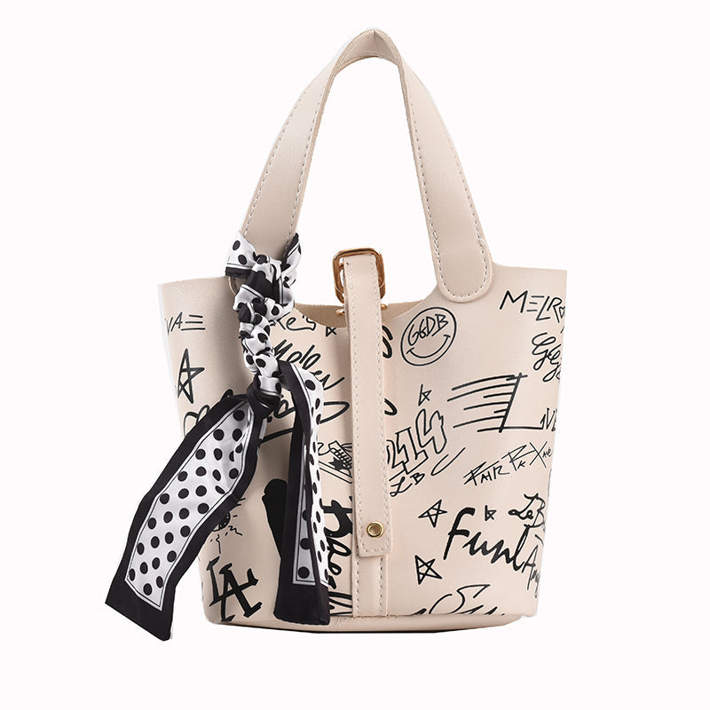 MOJOYCE-Cartoon Print Silk Scarf Bucket Bag