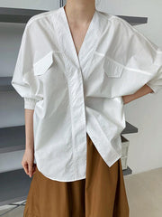 Mojoyce-Trendy Batwing Sleeves Solid Color V-Neck Blouses